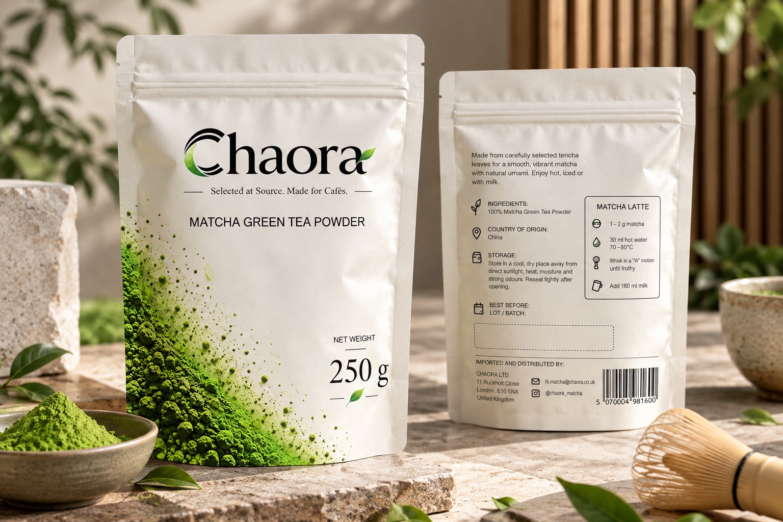 Chaora Matcha Green Tea Powder 250 g café pouch, front and back packaging