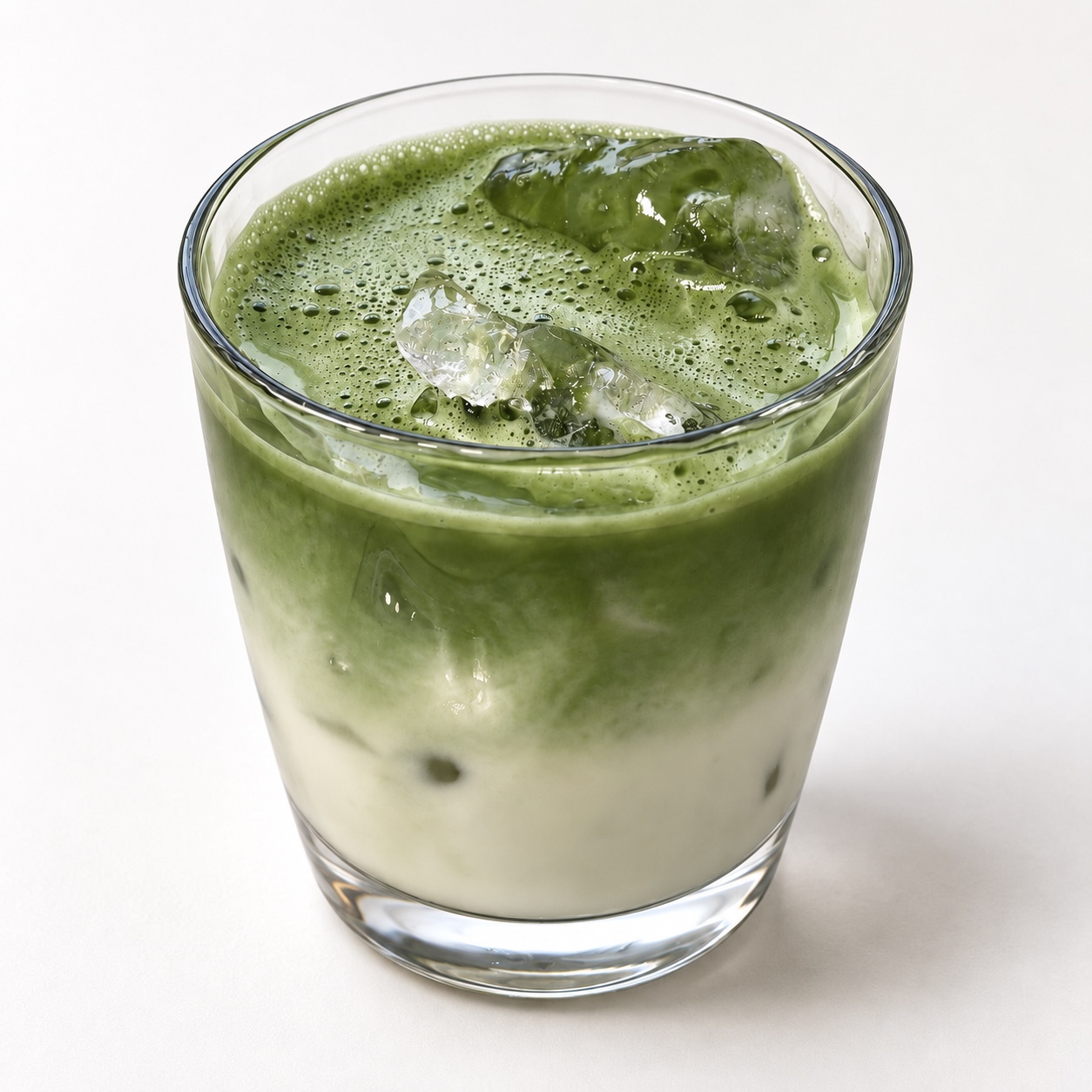 Classic iced matcha latte with milk and a layered matcha top