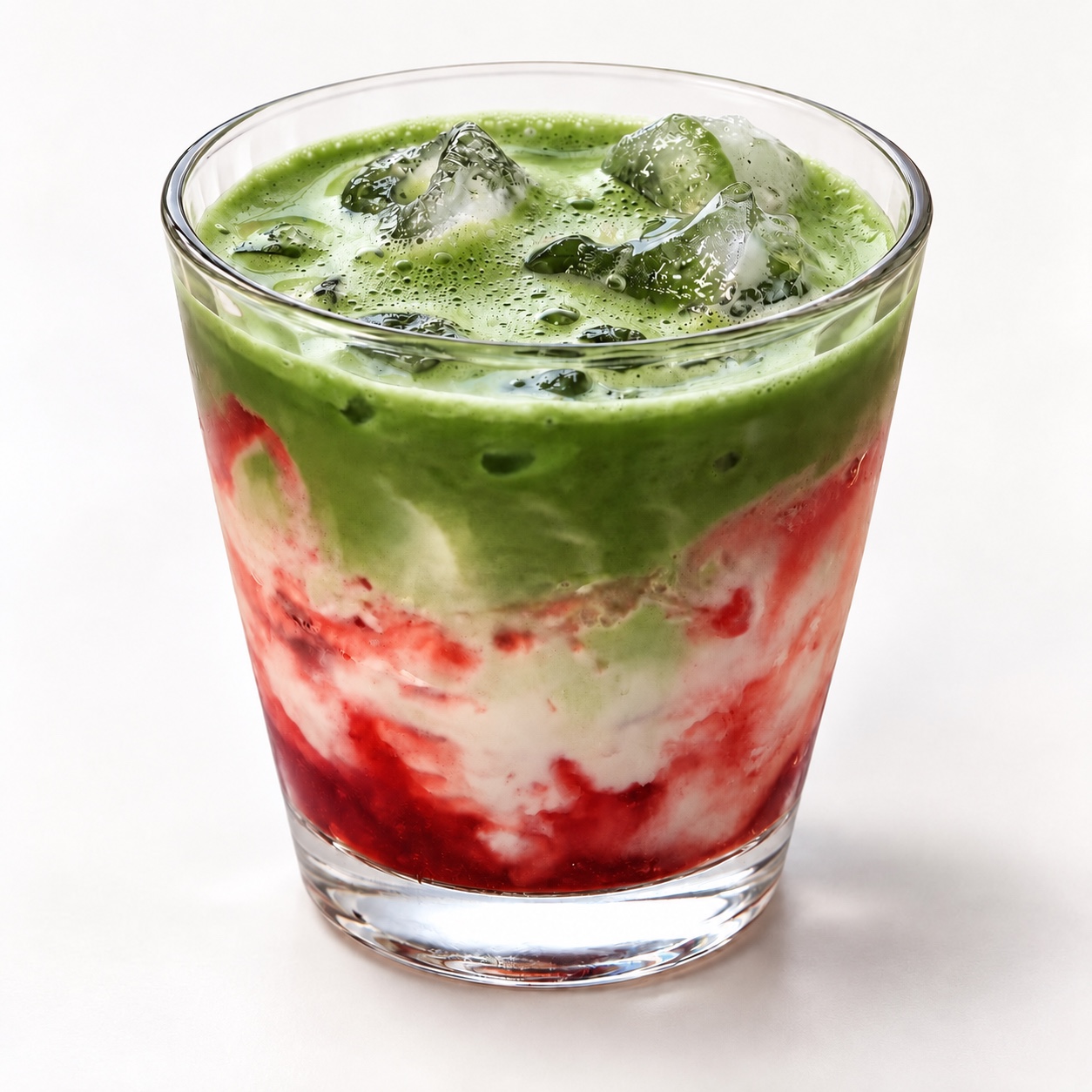 Iced strawberry matcha latte with layered strawberry, milk and matcha